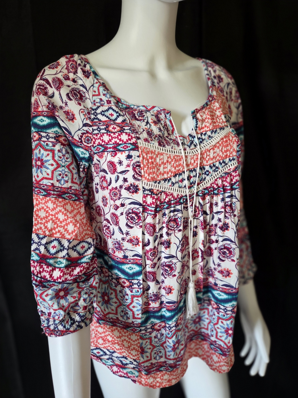 Southwestern Boho Patchwork Tassel Peasant Blouse Floral Crochet 3/4 Sleeve Top